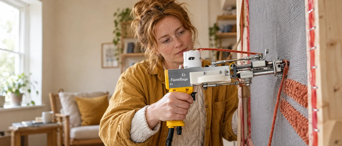 Lage zijaanzicht van de eerste steken: tufting gun gaat door het gespannen doek op een staand frame