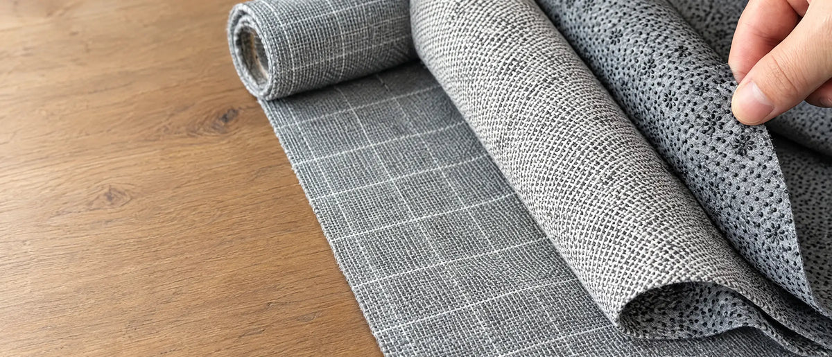 Drie soorten tufting doek van dichtbij: primair doek met raster, secundair doek en grip-backing