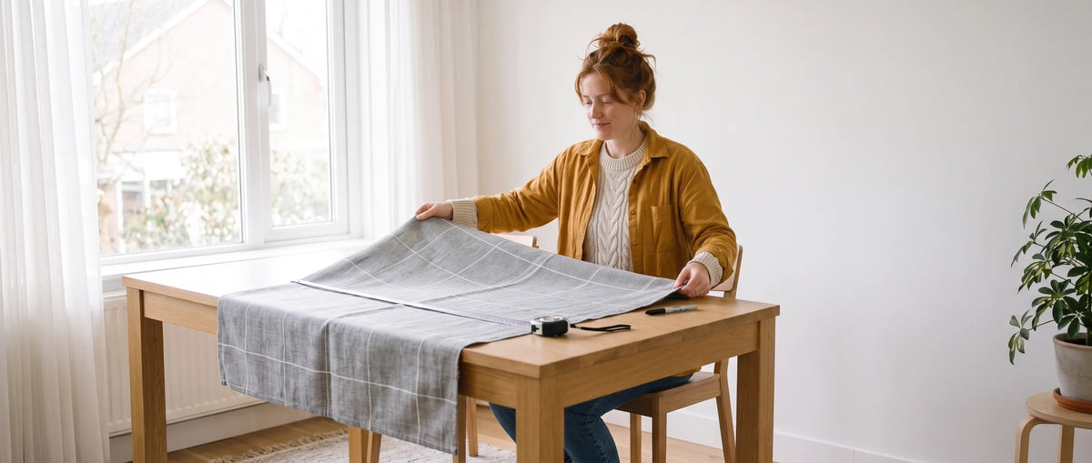 Vrouw spreidt een lap grijs tufting doek met witte hulplijnen uit op een eettafel bij het raam
