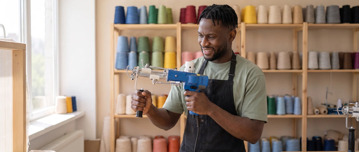 Man richt de blauwe AK-V tufting gun in een lichte werkplaats met schappen vol kegels wol in alle kleuren