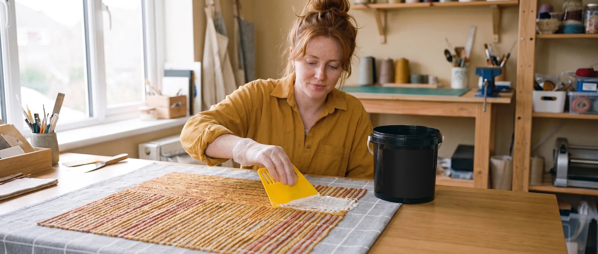 Vrouw smeert met een gele spatel tufting lijm op de achterkant van haar tuftwerk, met een zwarte emmer ernaast
