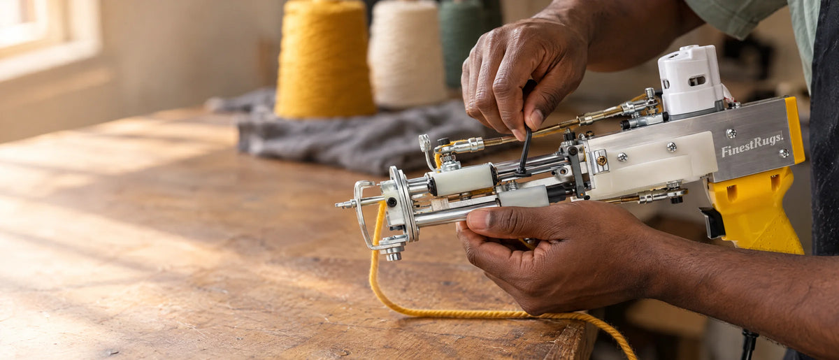 Close-up van handen die de schaar van een tufting gun omzetten naar de loop-pile-naald