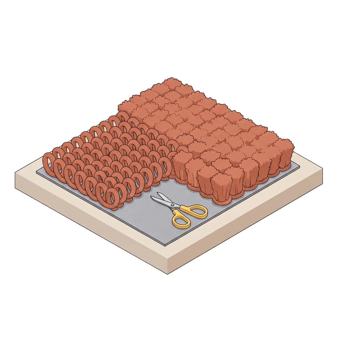 Isometrische illustratie van het verschil tussen loop pile met lusjes en cut pile met doorgeknipte tufts