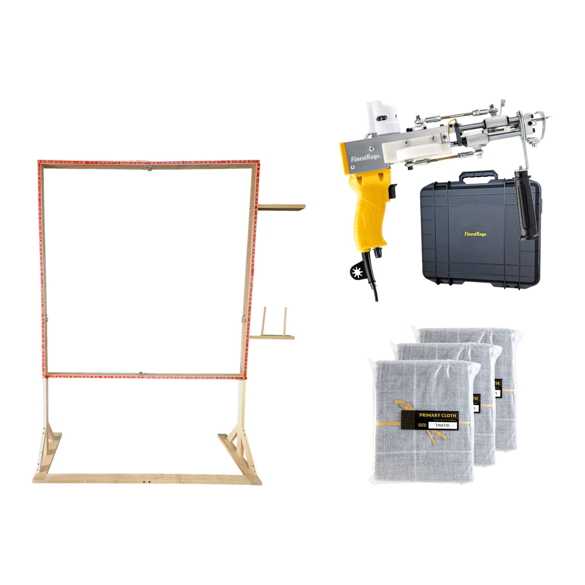 Tufting starterset compleet: AK-DUO PRO tuftmachine geel met opbergkoffer, 3x primair tufting doek 1m x 1m en 140x140 cm staand frame
