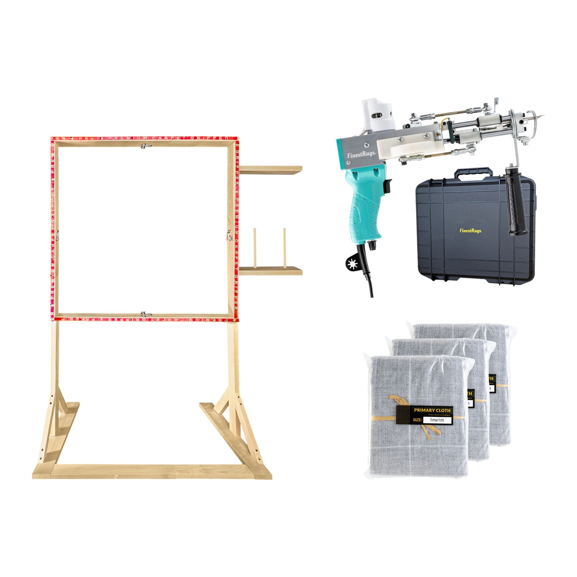 Tufting starterset compleet: AK-DUO PRO tuftmachine pastelblauw met opbergkoffer, 3x primair tufting doek 1m x 1m en 90x90 cm staand frame