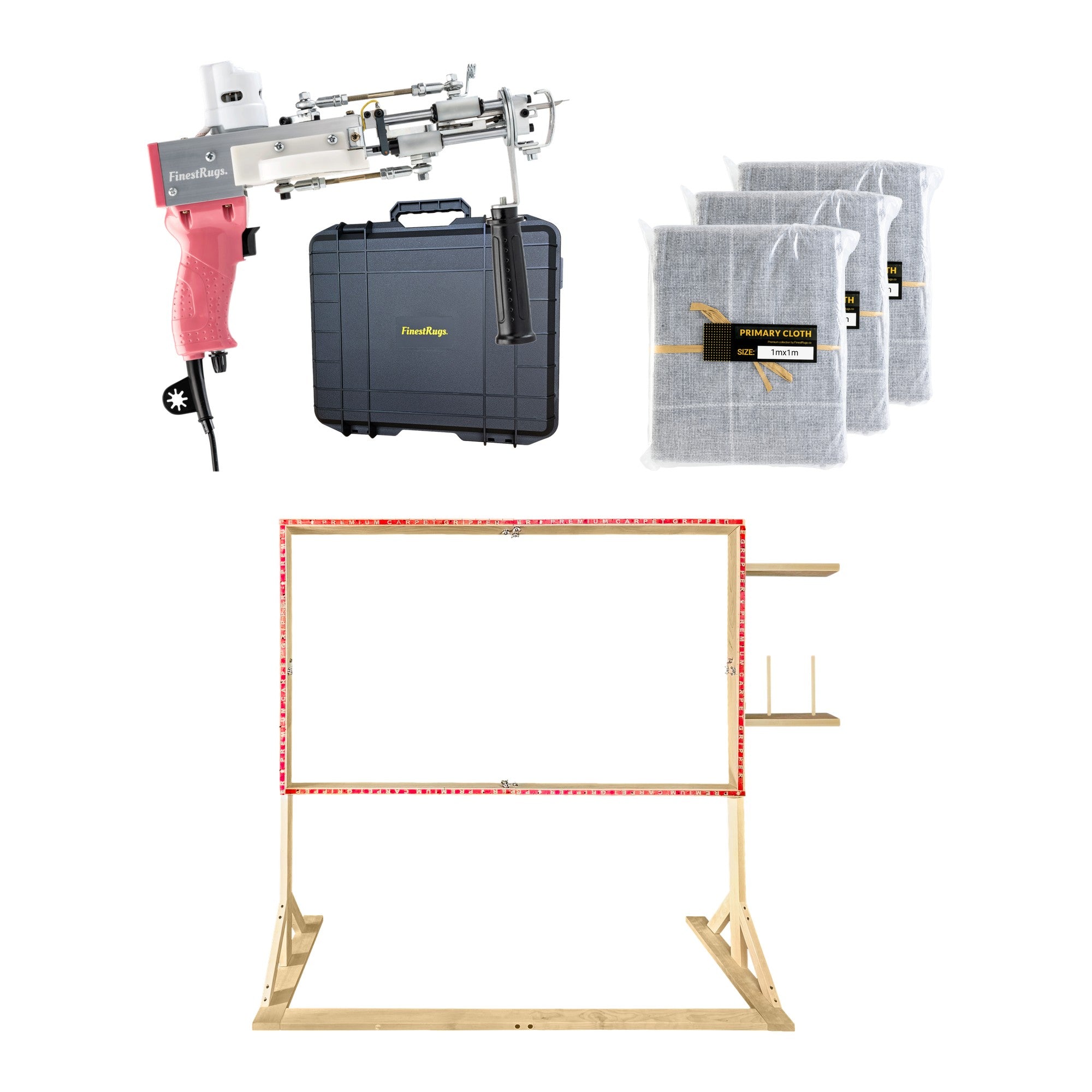 Tufting starterset compleet: AK-DUO PRO tuftmachine roze met opbergkoffer, 3x primair tufting doek 1m x 1m en 140x90 cm staand frame