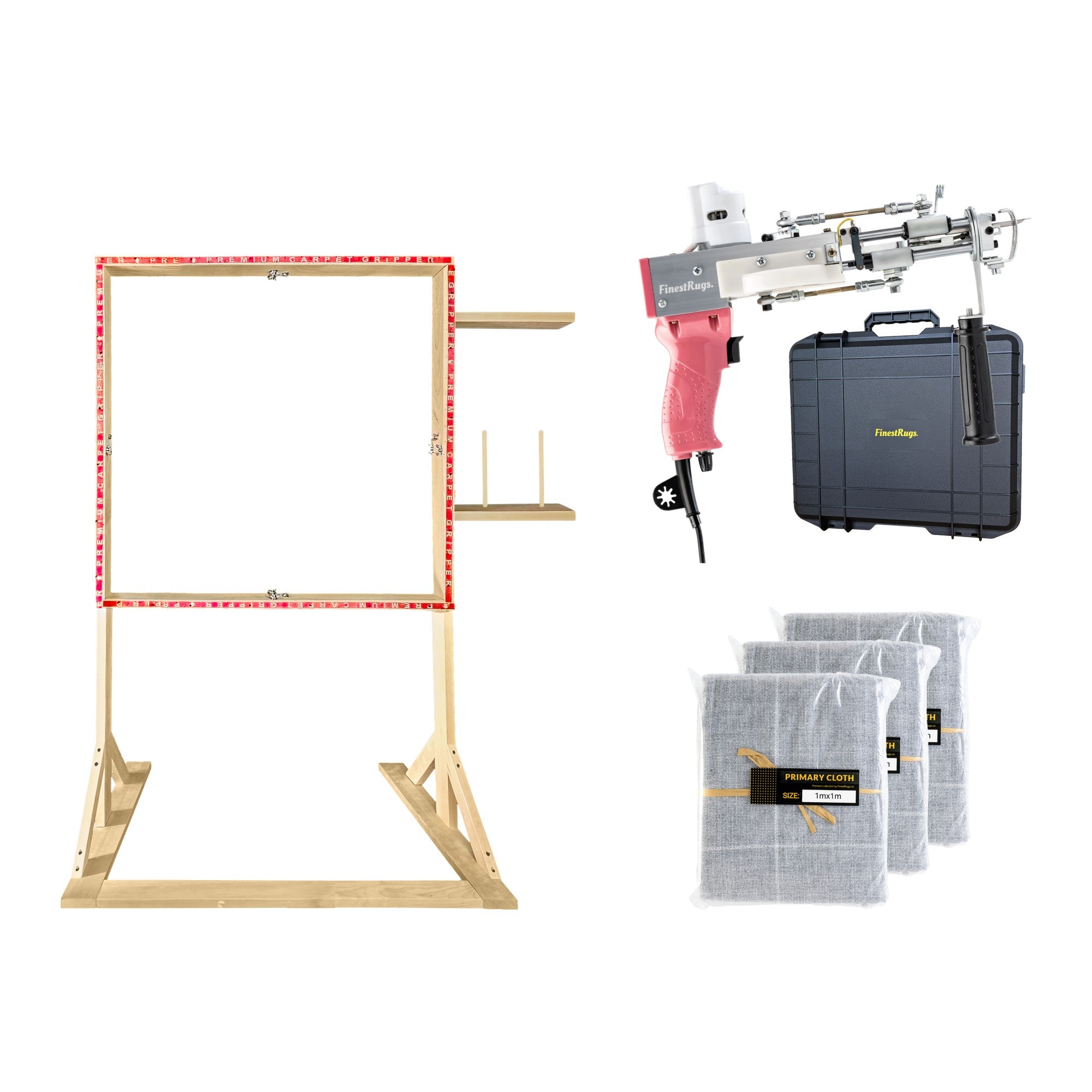 Tufting starterset compleet: AK-DUO PRO tuftmachine roze met opbergkoffer, 3x primair tufting doek 1m x 1m en 90x90 cm staand frame