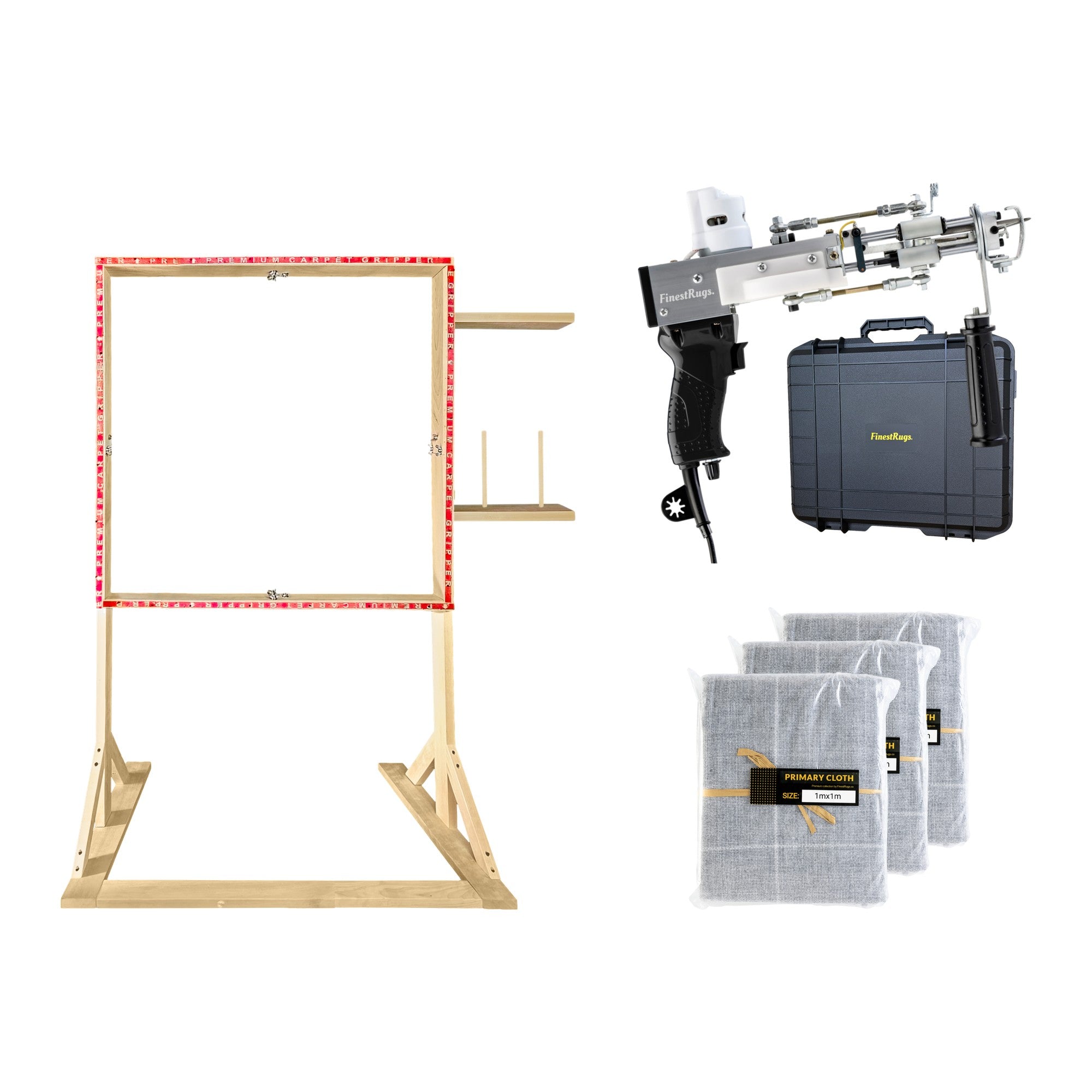 Tufting starterset compleet: AK-DUO PRO tuftmachine zwart met opbergkoffer, 3x primair tufting doek 1m x 1m en 90x90 cm staand frame