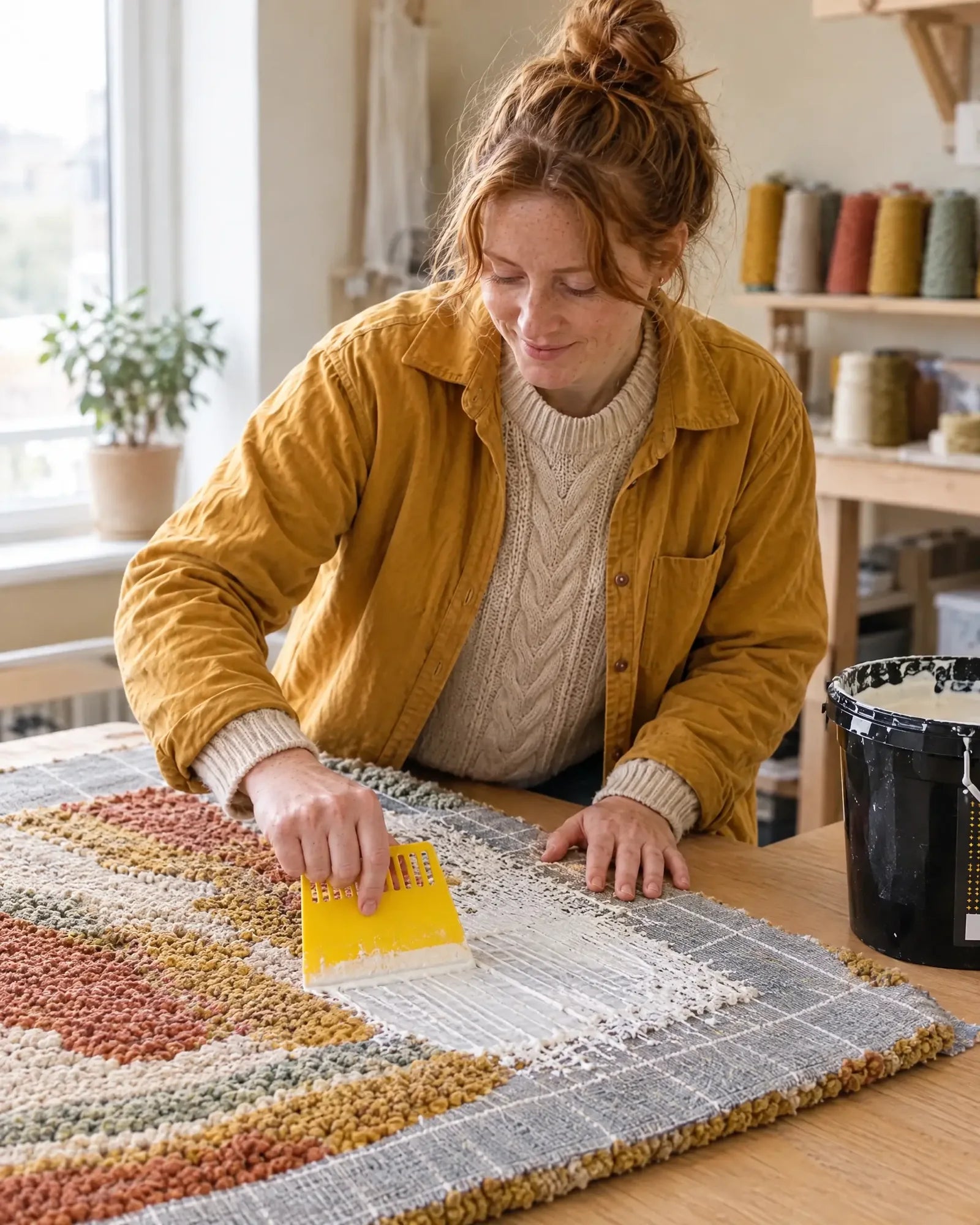 Vrouw smeert met een gele spatel latex tufting lijm op de achterkant van haar getufte vloerkleed, met de zwarte lijmemmer ernaast