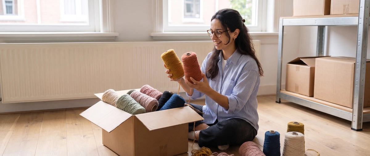 Vrouw zit op de vloer en pakt kegels tufting wol uit een doos, met meer kegels en dozen om haar heen