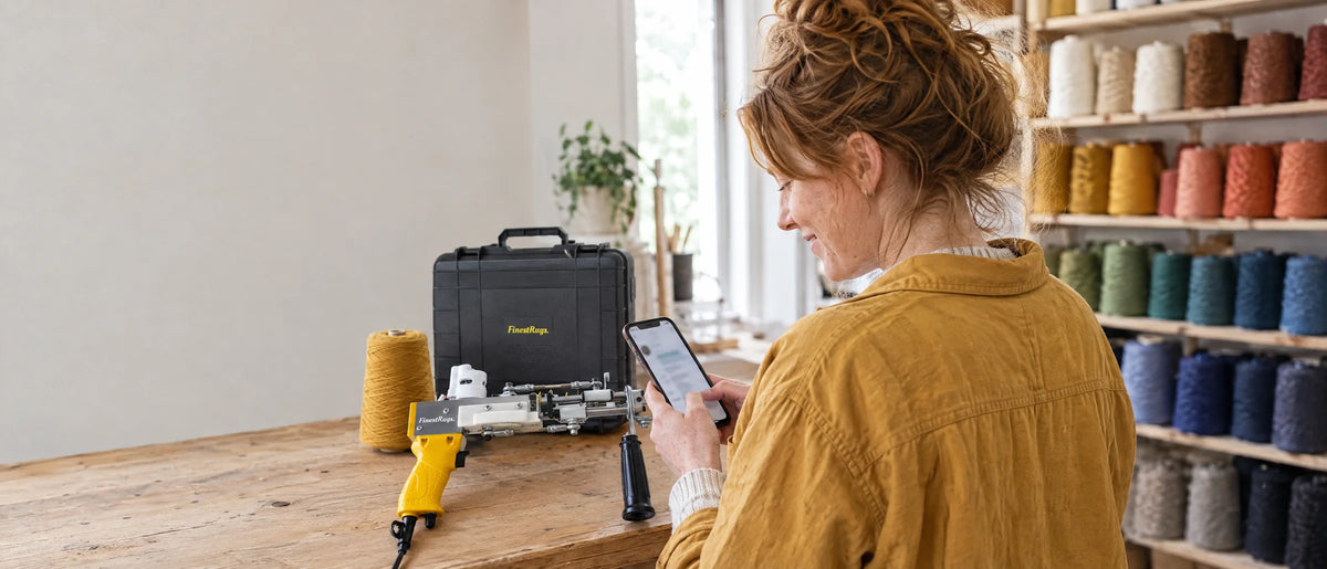 Medewerker van Dutch Tufting beantwoordt een appje op haar telefoon, met een tufting gun en wolwand naast haar