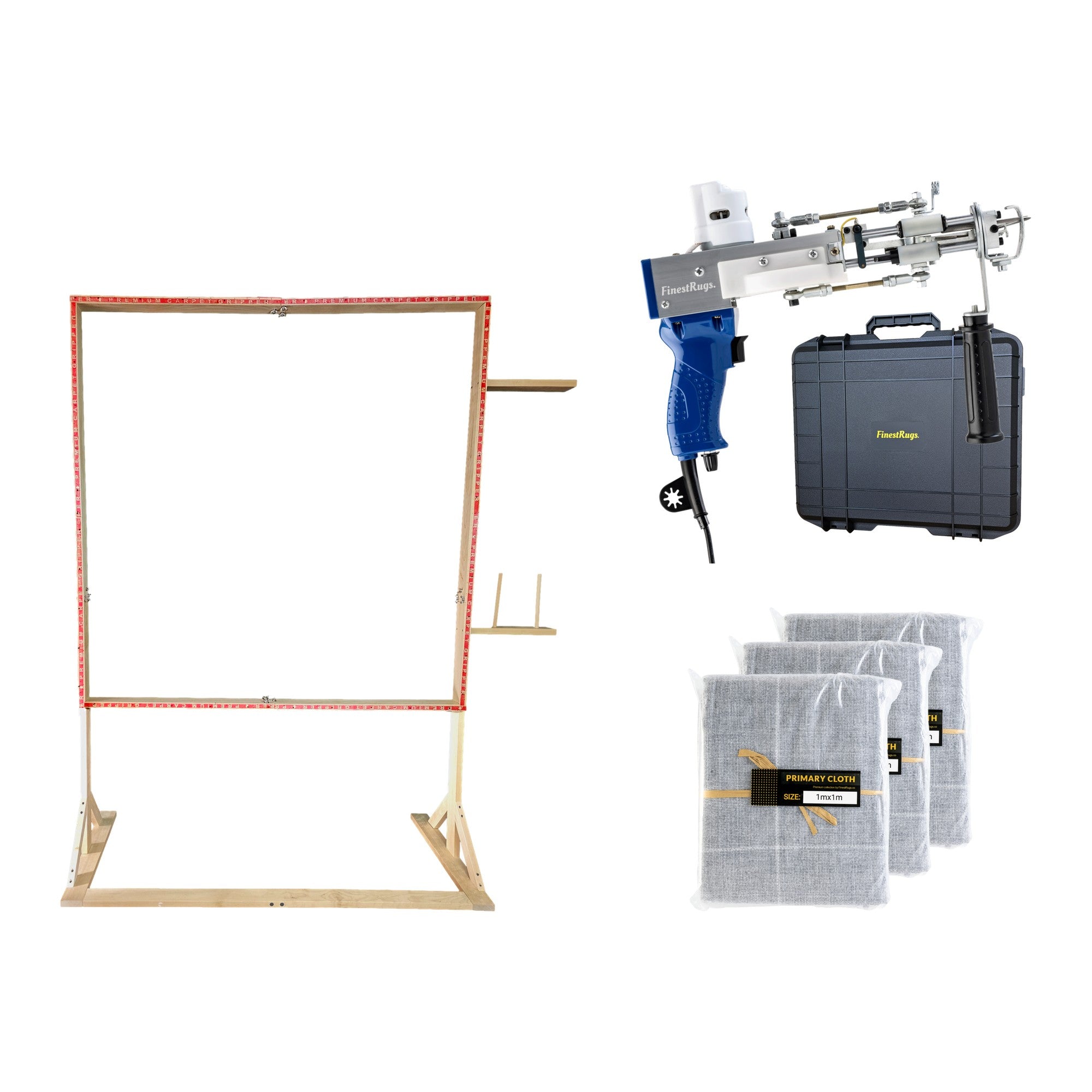 Tufting starterset compleet: AK-DUO PRO tuftmachine blauw met opbergkoffer, 3x primair tufting doek 1m x 1m en 140x140 cm staand frame