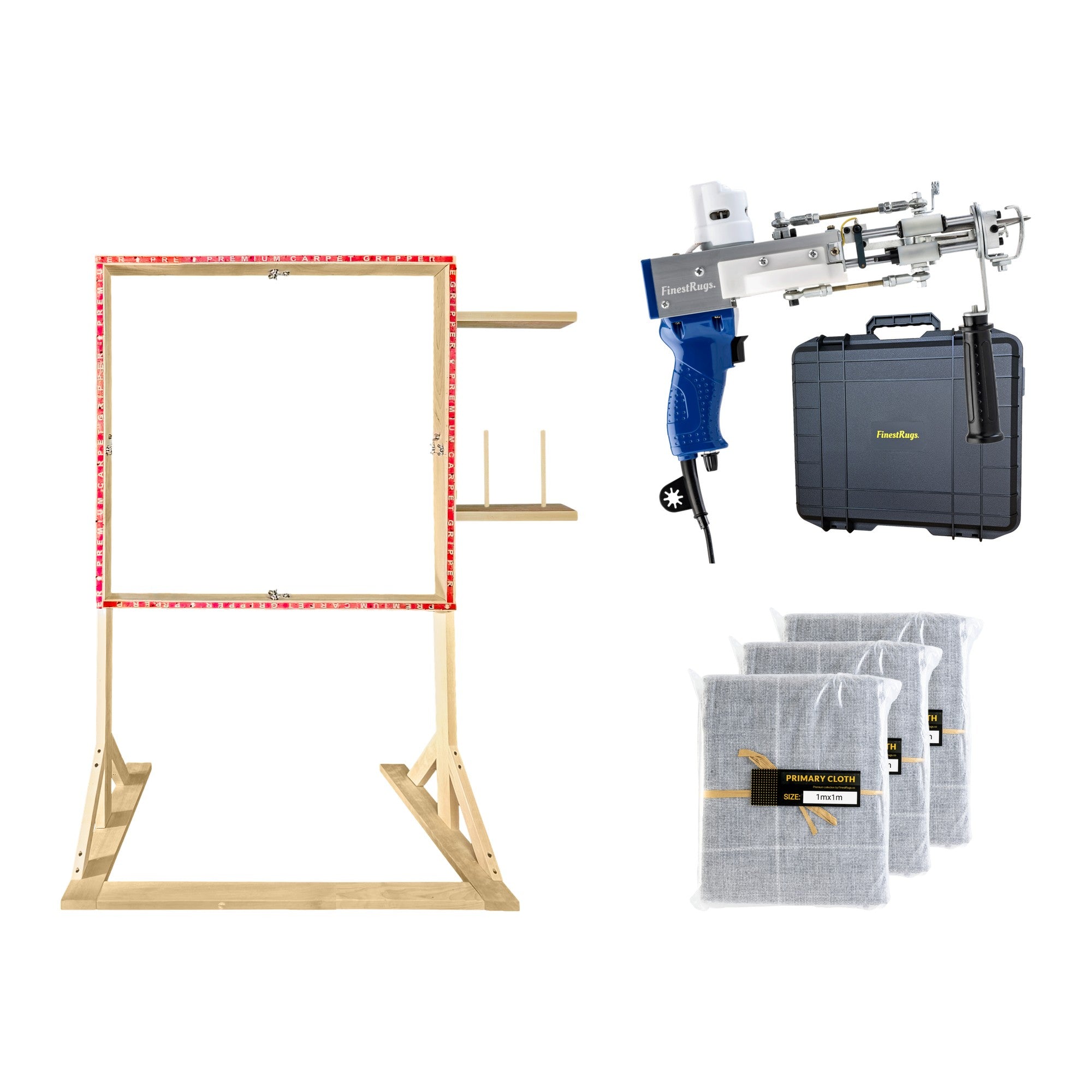 Tufting starterset compleet: AK-DUO PRO tuftmachine blauw met opbergkoffer, 3x primair tufting doek 1m x 1m en 90x90 cm staand frame