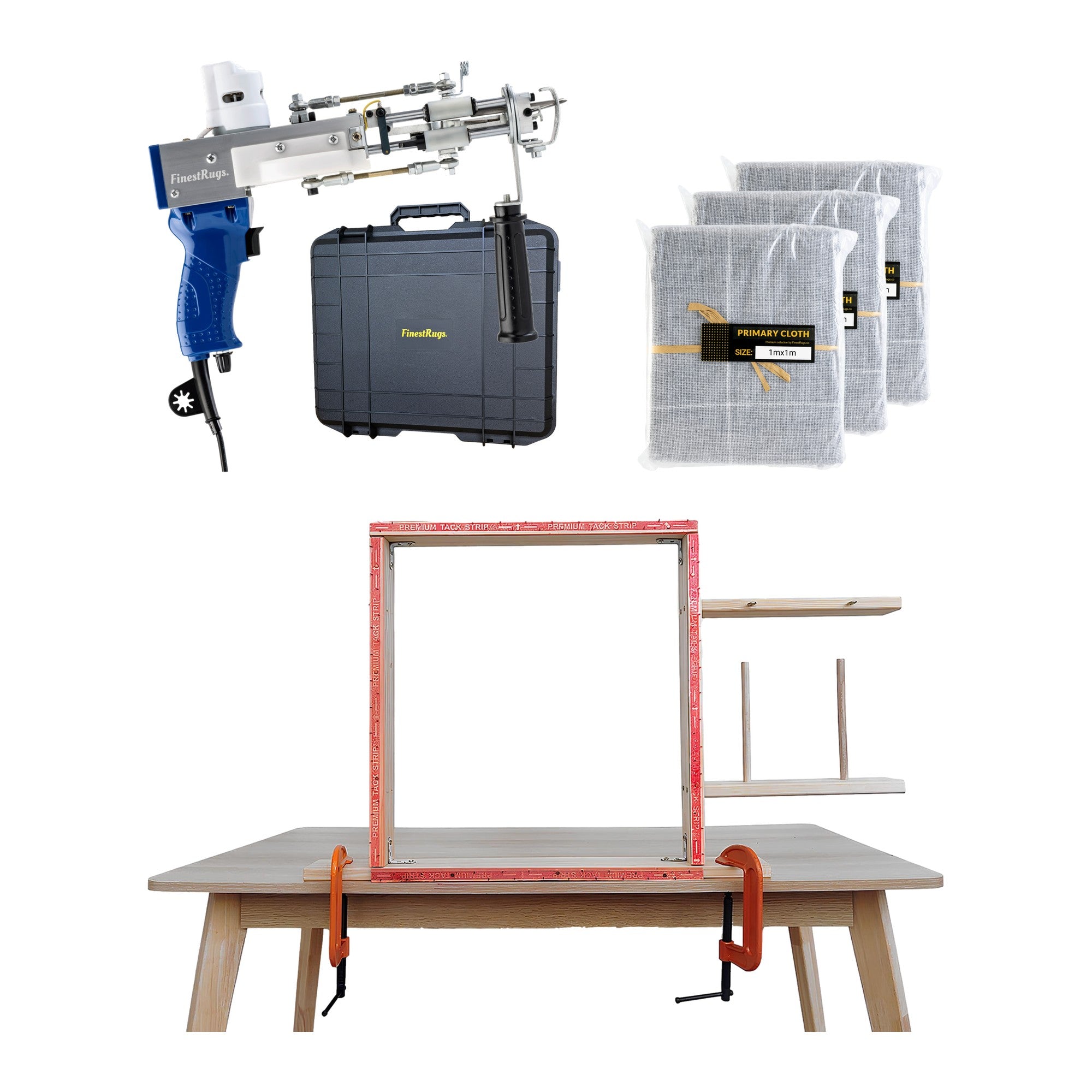 Tufting starterset compleet: AK-DUO PRO tuftmachine blauw met opbergkoffer, 3x primair tufting doek 1m x 1m en 90x90 cm tafelframe