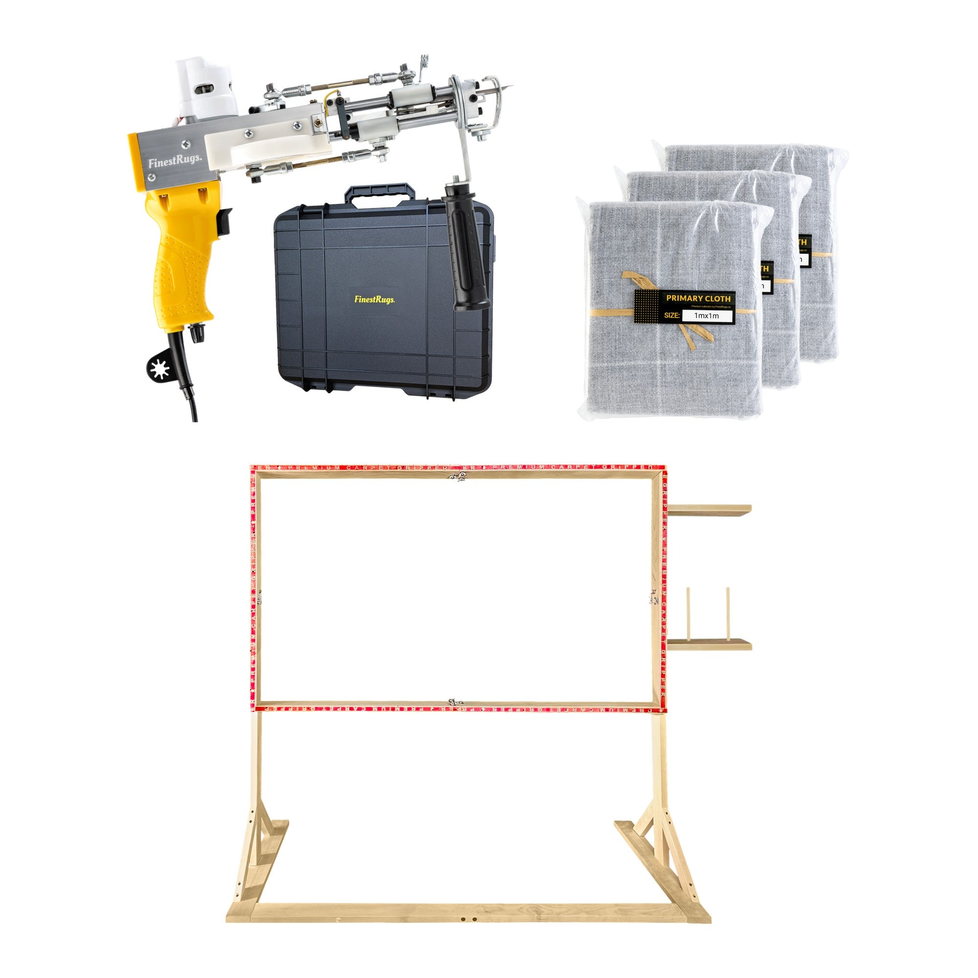 Tufting starterset compleet: AK-DUO PRO tuftmachine geel met opbergkoffer, 3x primair tufting doek 1m x 1m en 140x90 cm staand frame