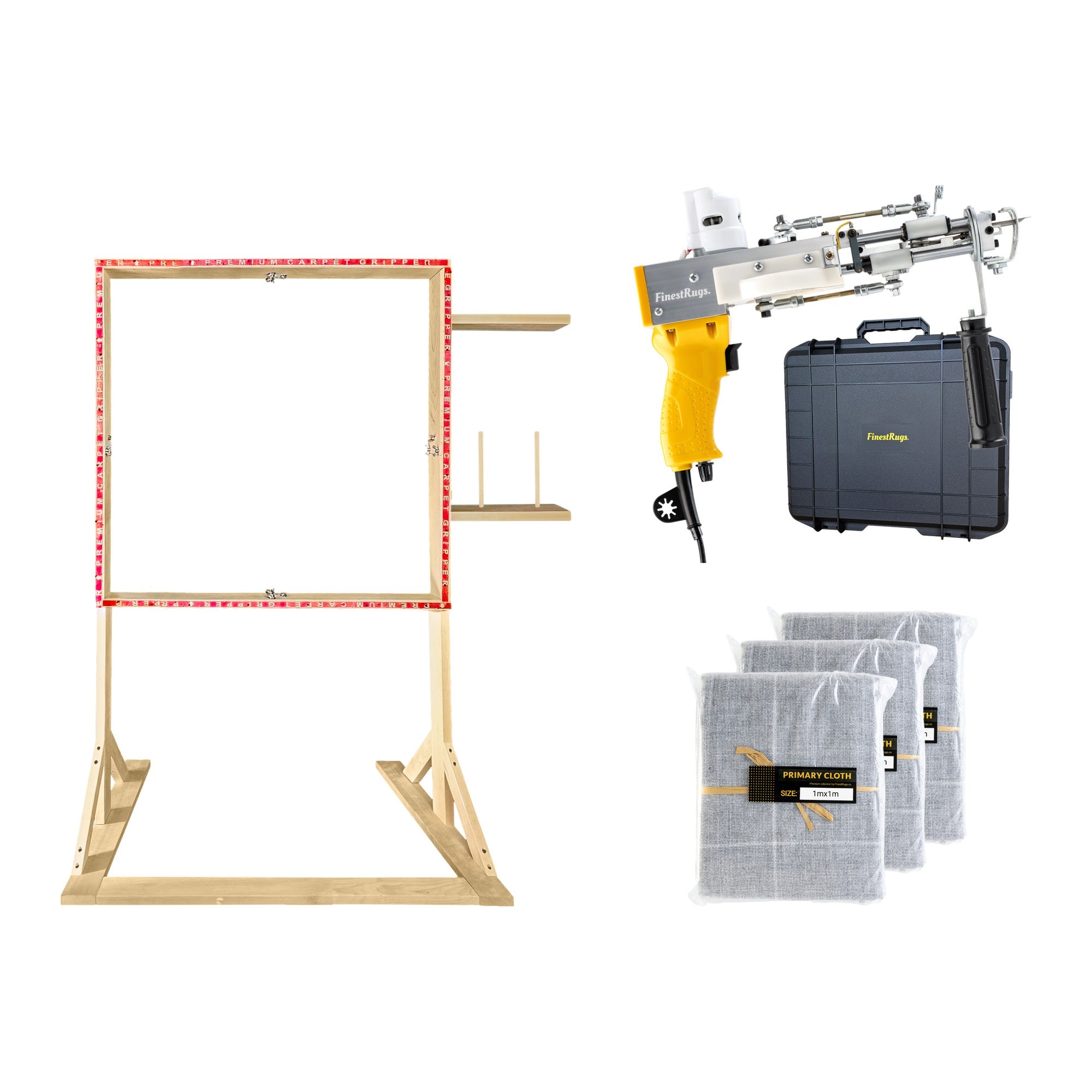 Tufting starterset compleet: AK-DUO PRO tuftmachine geel met opbergkoffer, 3x primair tufting doek 1m x 1m en 90x90 cm staand frame