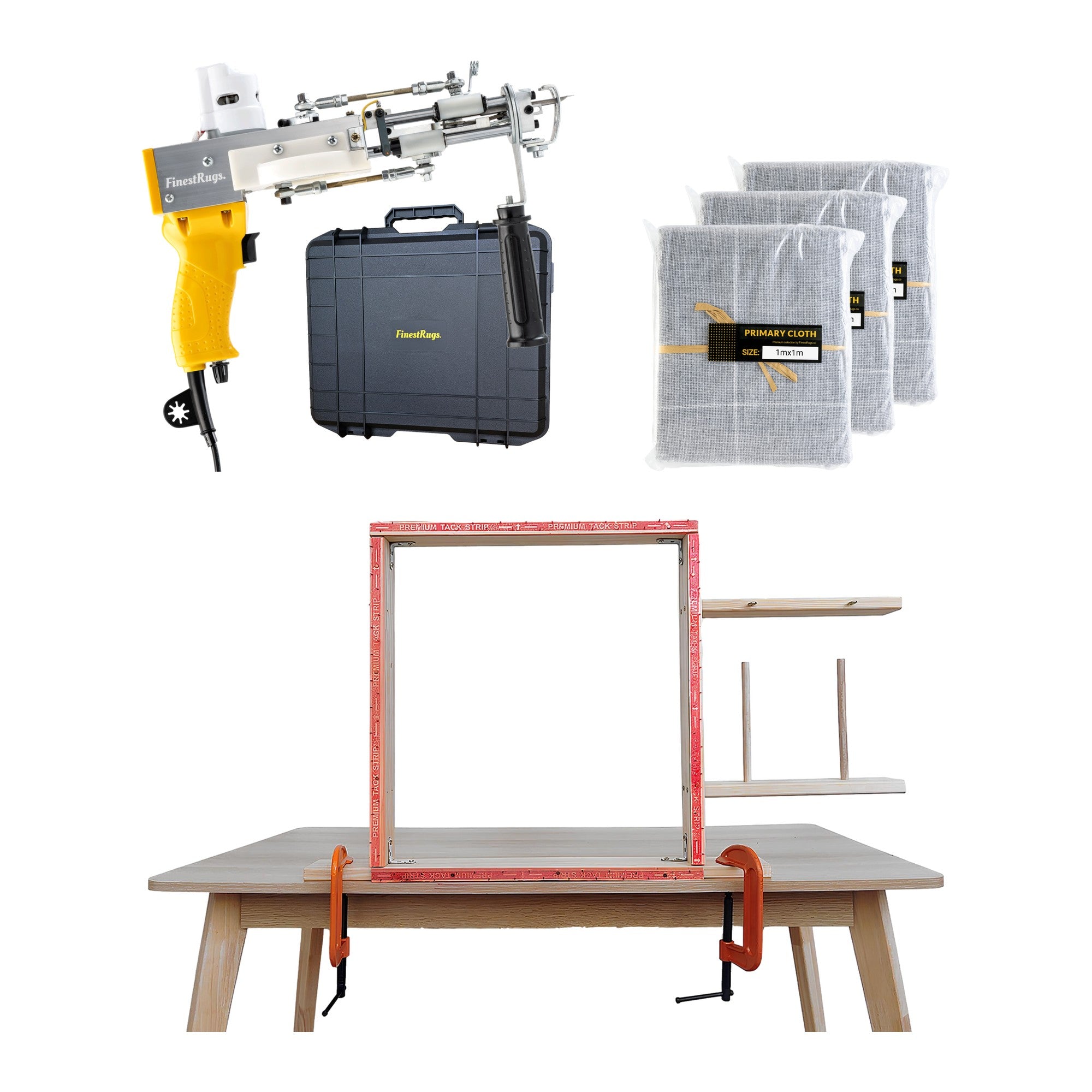 Tufting starterset compleet: AK-DUO PRO tuftmachine geel met opbergkoffer, 3x primair tufting doek 1m x 1m en 90x90 cm tafelframe