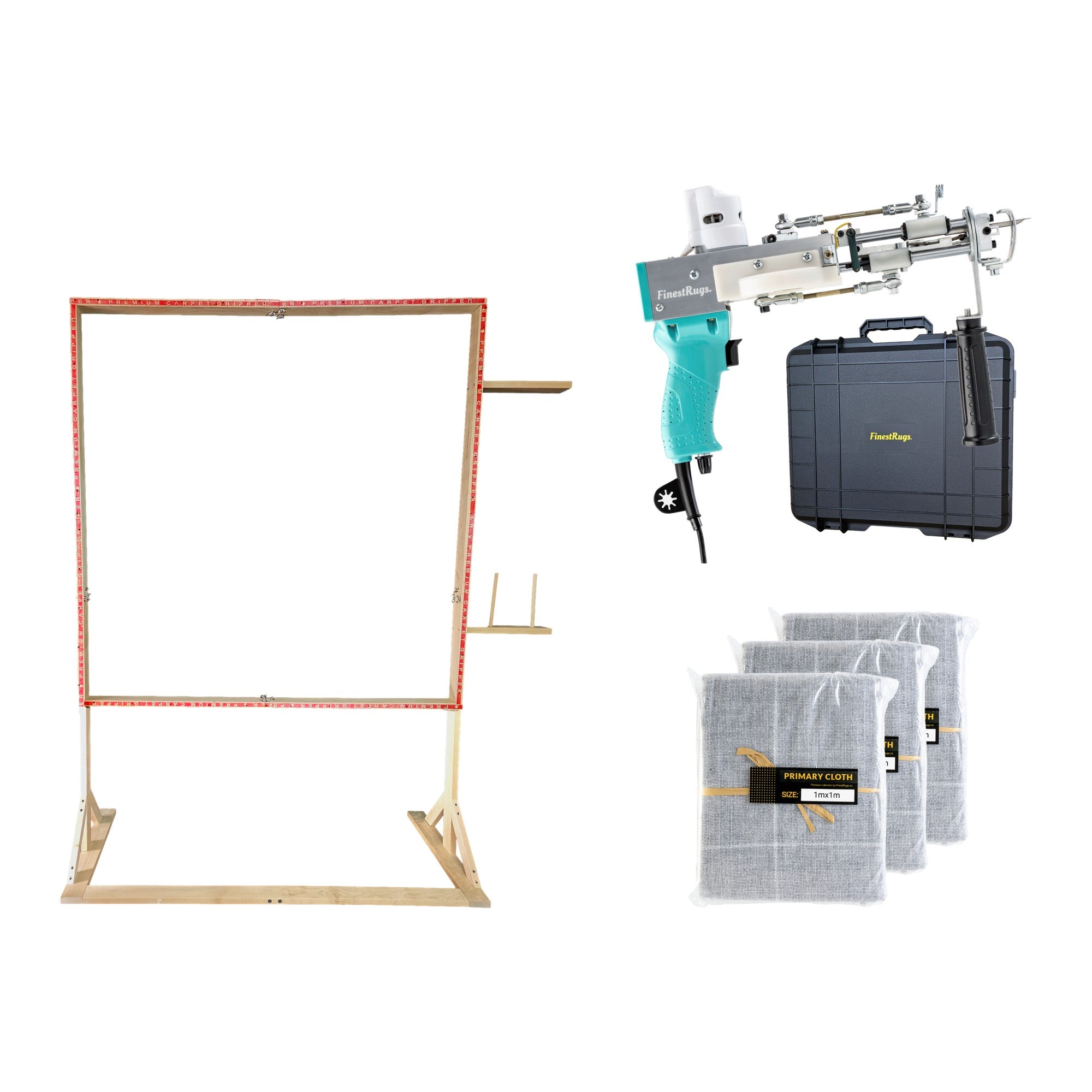 Tufting starterset compleet: AK-DUO PRO tuftmachine pastelblauw met opbergkoffer, 3x primair tufting doek 1m x 1m en 140x140 cm staand frame