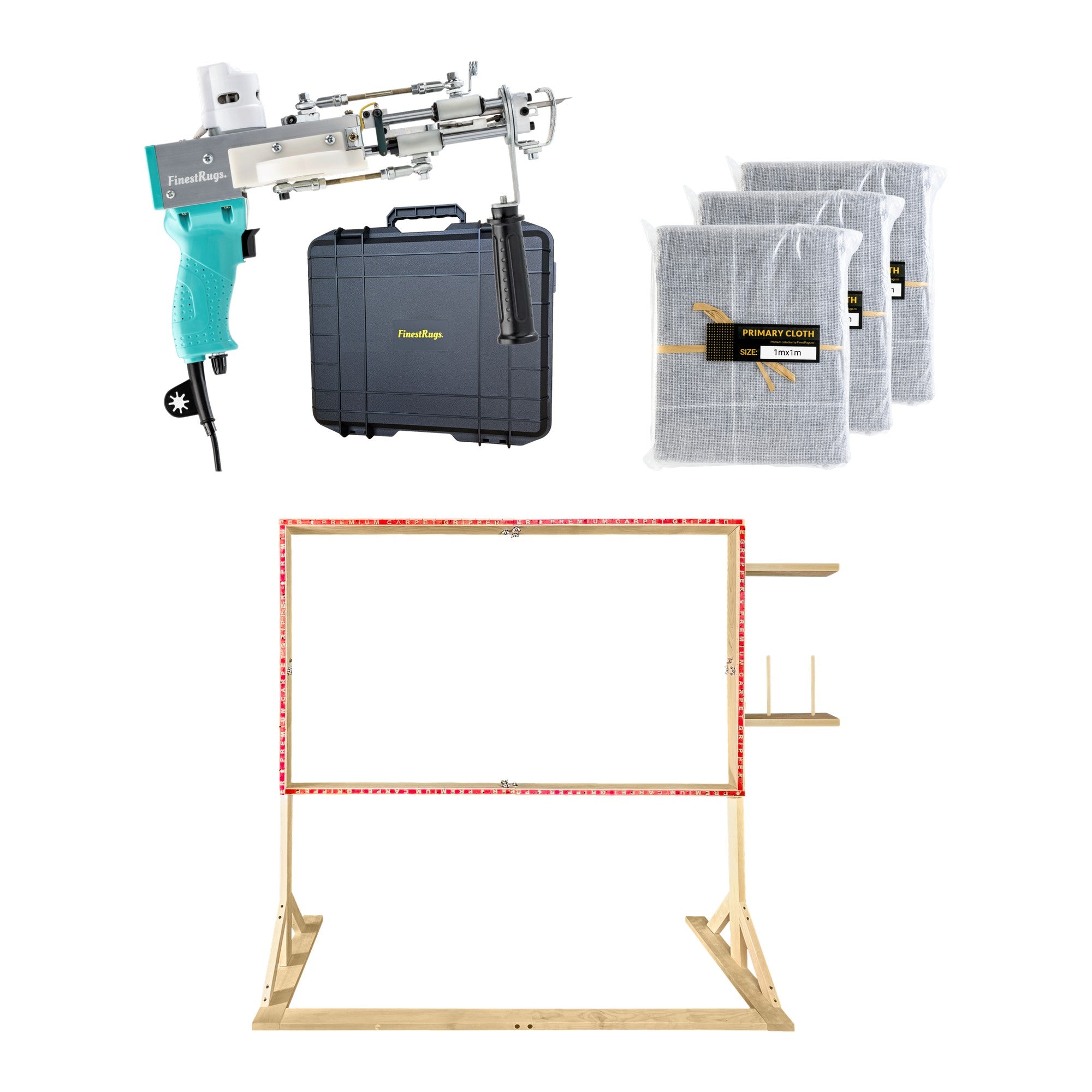 Tufting starterset compleet: AK-DUO PRO tuftmachine pastelblauw met opbergkoffer, 3x primair tufting doek 1m x 1m en 140x90 cm staand frame