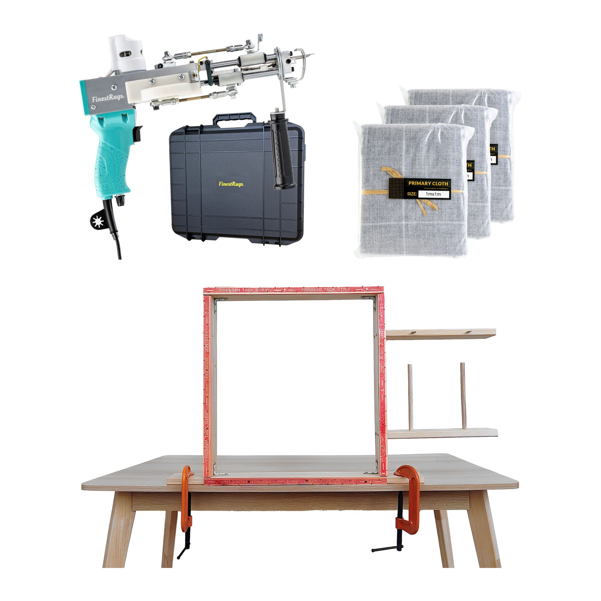 Tufting starterset compleet: AK-DUO PRO tuftmachine pastelblauw met opbergkoffer, 3x primair tufting doek 1m x 1m en 90x90 cm tafelframe