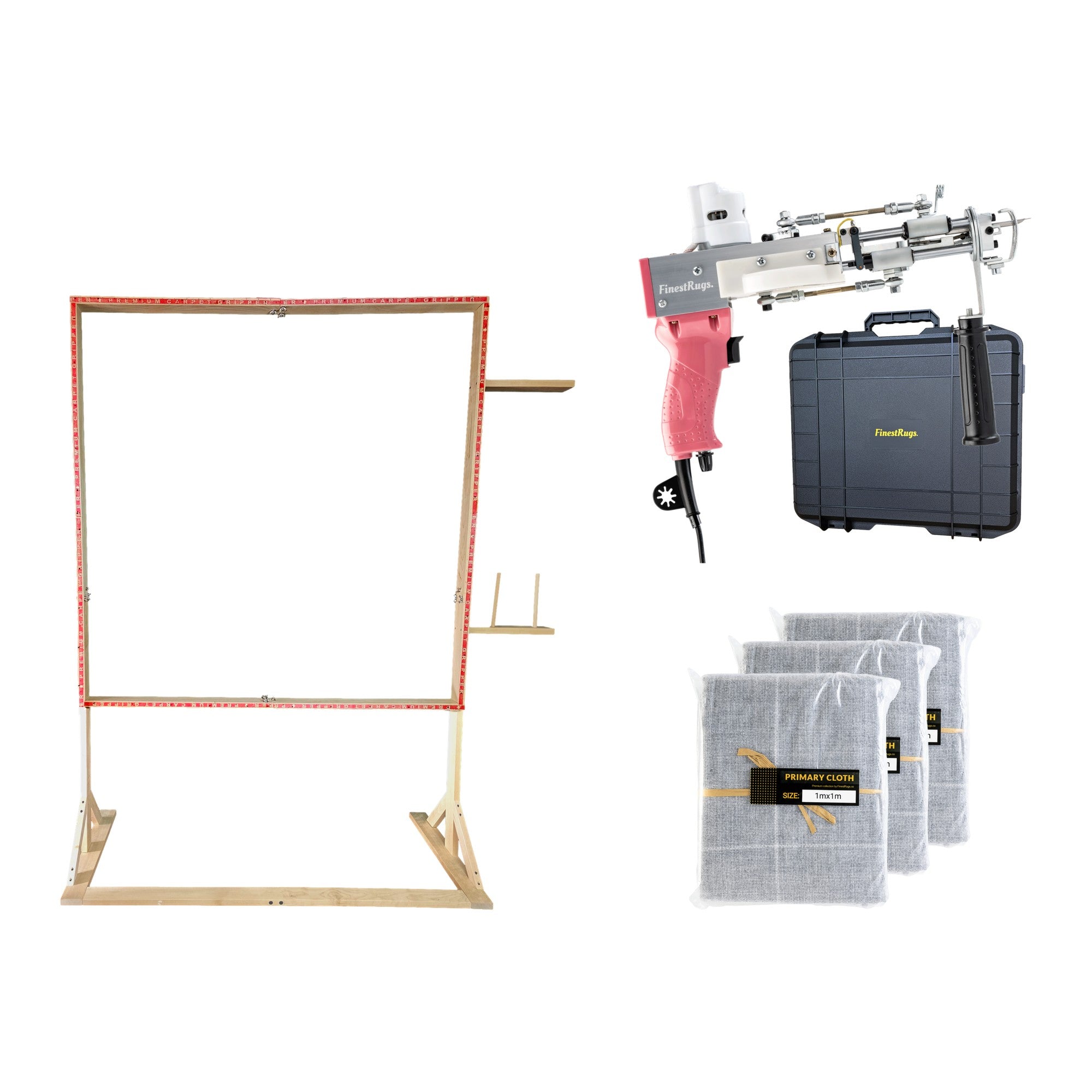 Tufting starterset compleet: AK-DUO PRO tuftmachine roze met opbergkoffer, 3x primair tufting doek 1m x 1m en 140x140 cm staand frame