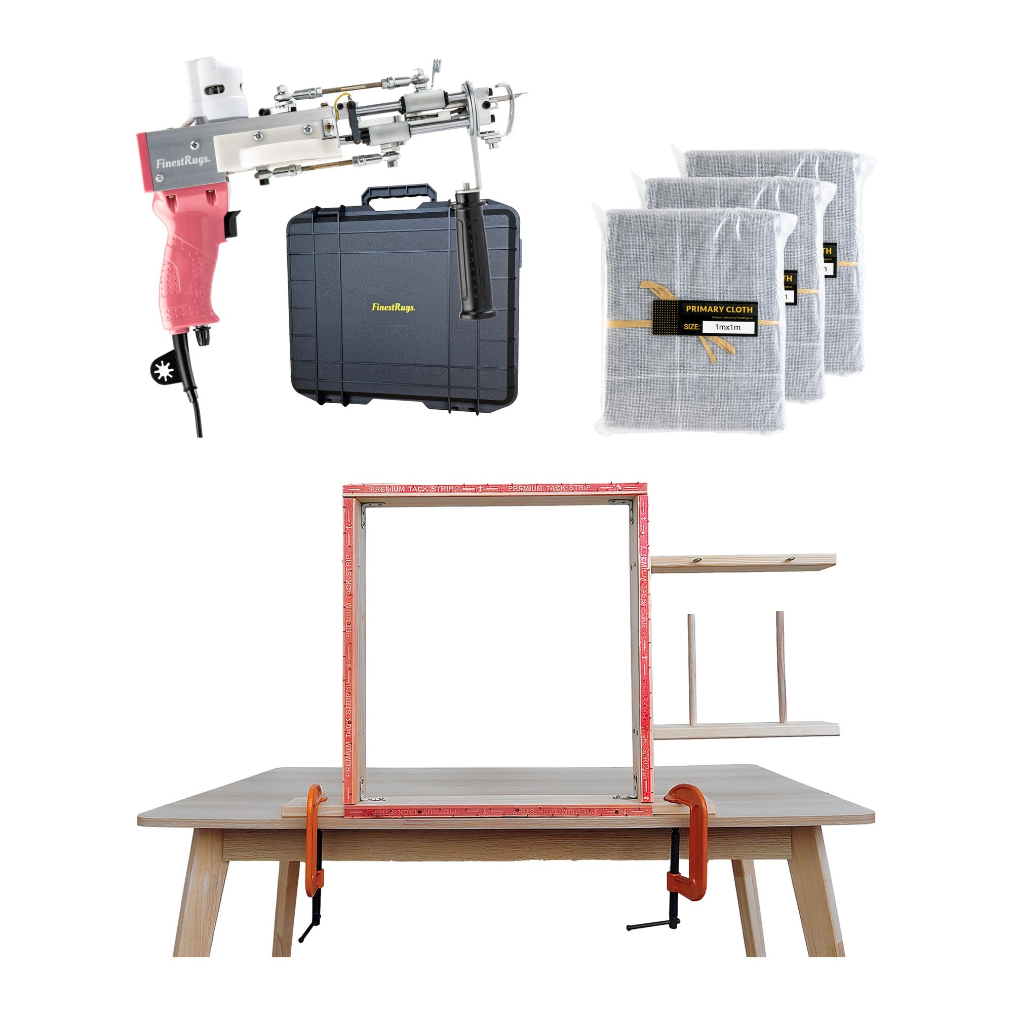 Tufting starterset compleet: AK-DUO PRO tuftmachine roze met opbergkoffer, 3x primair tufting doek 1m x 1m en 90x90 cm tafelframe
