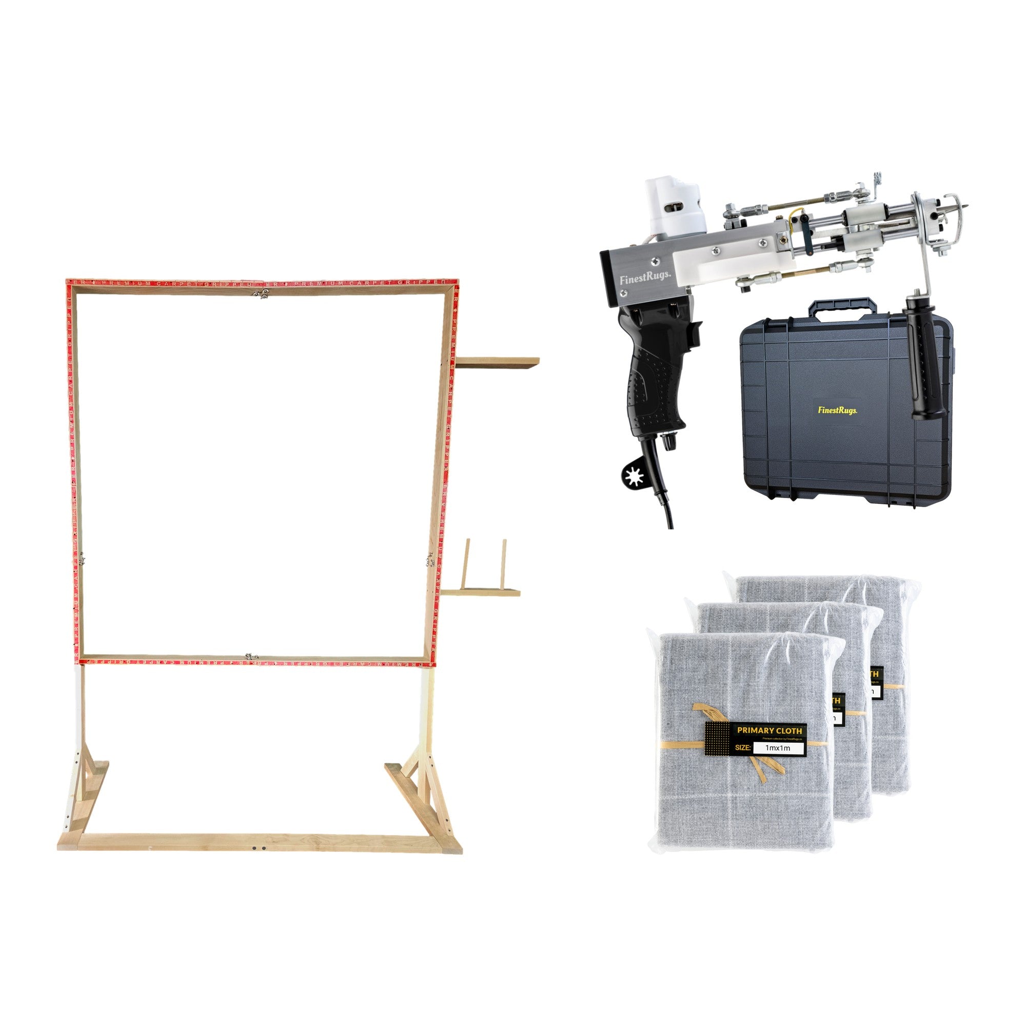 Tufting starterset compleet: AK-DUO PRO tuftmachine zwart met opbergkoffer, 3x primair tufting doek 1m x 1m en 140x140 cm staand frame