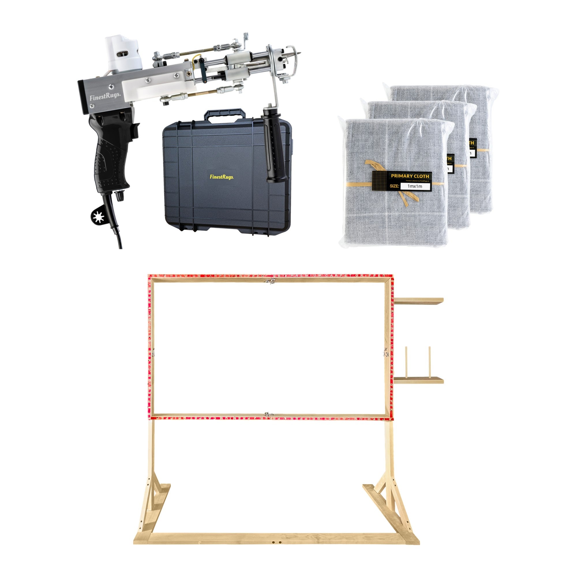 Tufting starterset compleet: AK-DUO PRO tuftmachine zwart met opbergkoffer, 3x primair tufting doek 1m x 1m en 140x90 cm staand frame