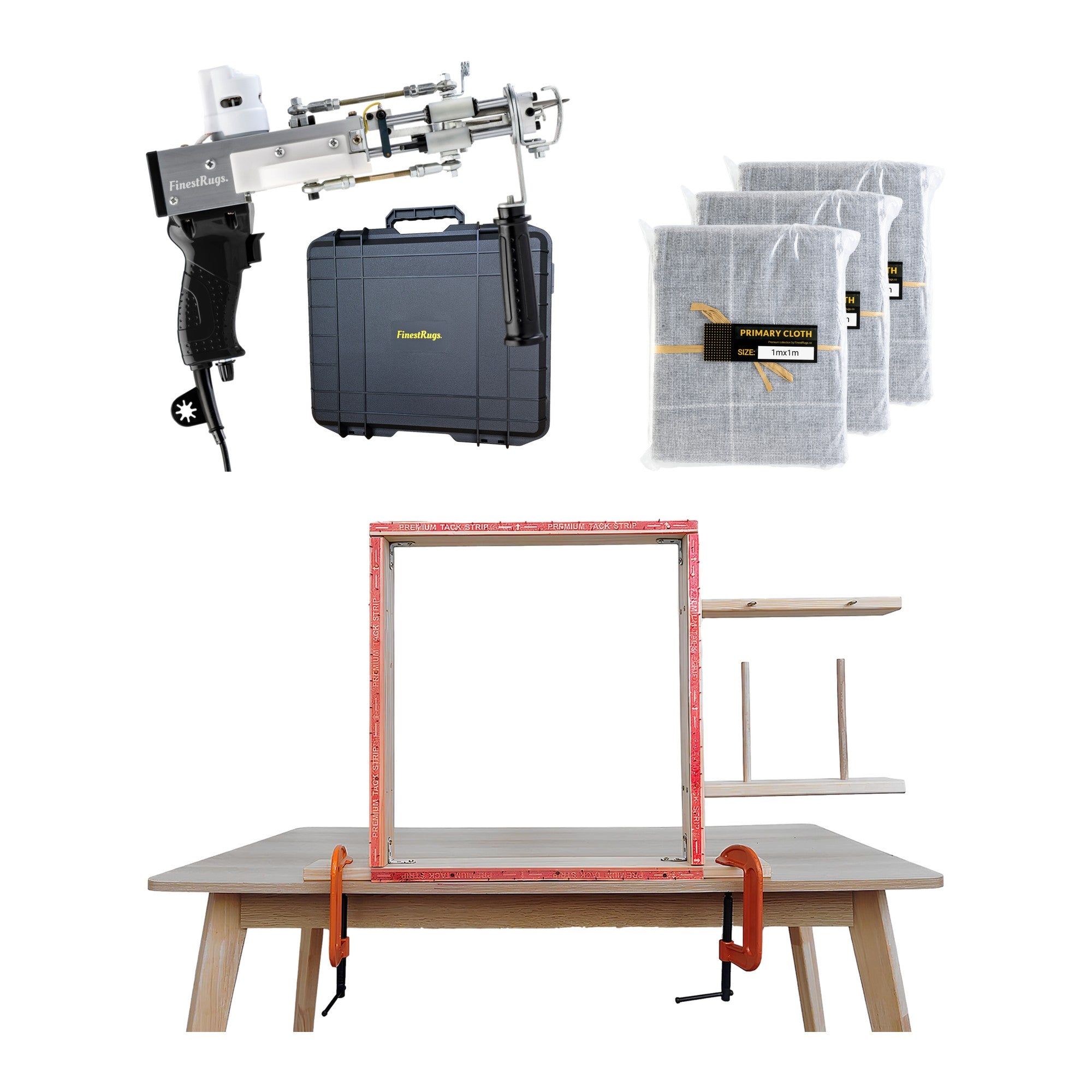 Tufting starterset compleet: AK-DUO PRO tuftmachine zwart met opbergkoffer, 3x primair tufting doek 1m x 1m en 90x90 cm tafelframe