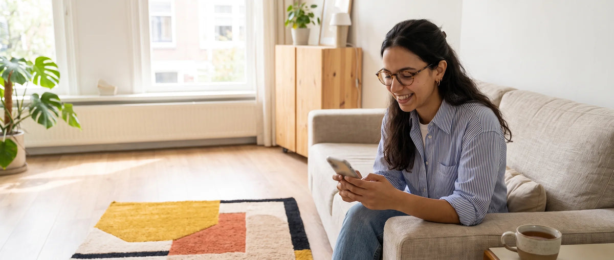 Vrouw op de bank kijkt lachend op haar telefoon, naast een getuft vloerkleed met een geometrisch patroon