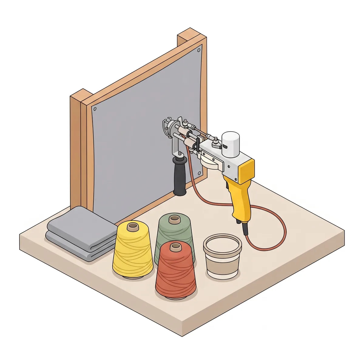 Isometrische illustratie van wat je nodig hebt om te tuften: tufting gun, tufting frame met doek, wol, doek en lijm