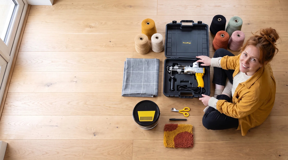 Vrouw naast een compleet beginnerspakket op de vloer: AK-DUO PRO in de opbergkoffer, kegels wol, doek, lijm en schaar