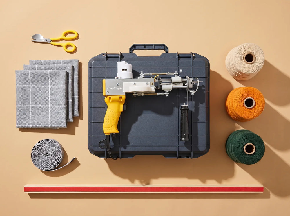 Tufting starterset: AK-DUO PRO op de opbergkoffer, drie tufting doeken en een framelat, plus losse wol, schaar en tape