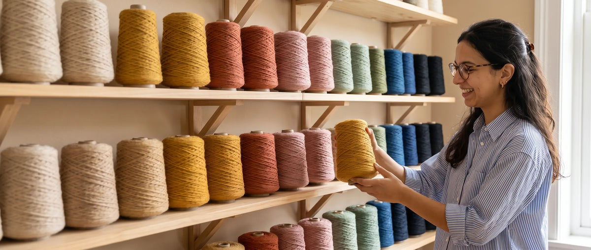 Vrouw pakt een okergele kegel tufting wol van een wand met schappen vol wol in naturel, oker, roze, groen en blauw