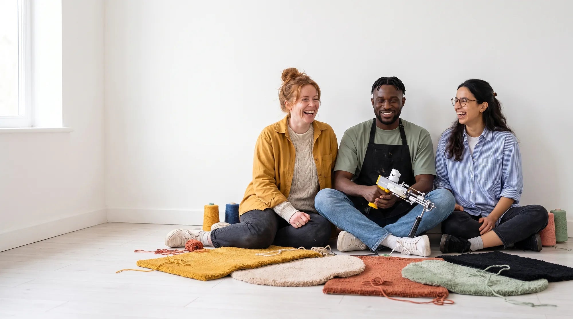 Drie makers zitten lachend op de vloer met een gele tufting gun en getufte proeflappen in verschillende kleuren